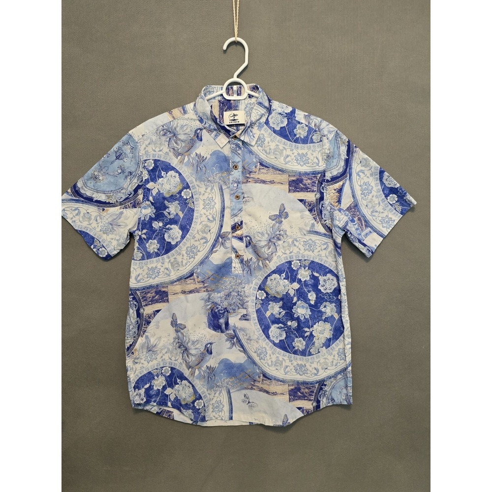 Oromen Mens Blue Floral Half-Placket Button-down Collar Resort Casual Large